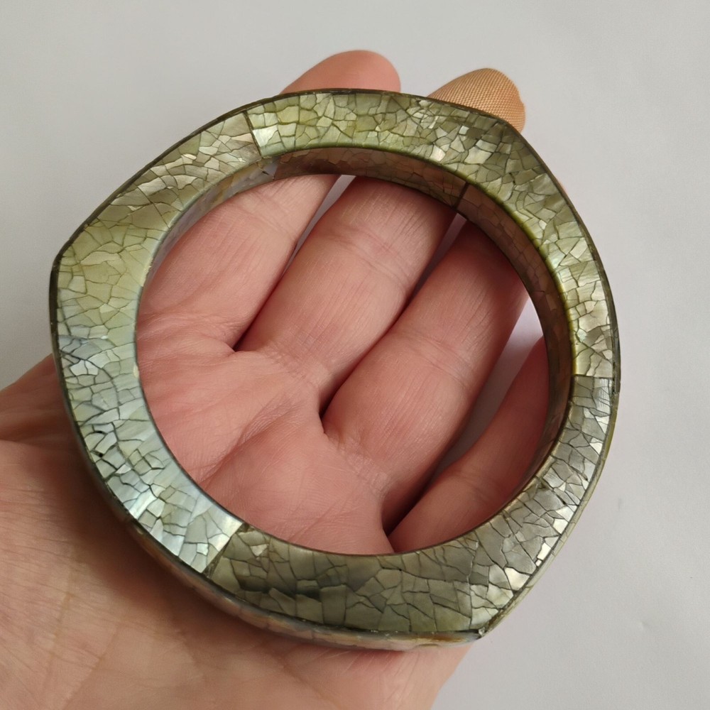 Vintage Modernist Crackle Abalone Shell Triangular Bangle Bracelet