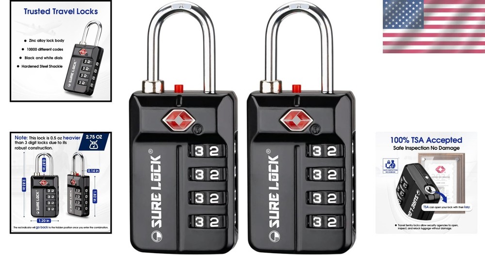 TSA Approved 4-Digit Combination Luggage Locks - Open Alert, 2 Pack For Security