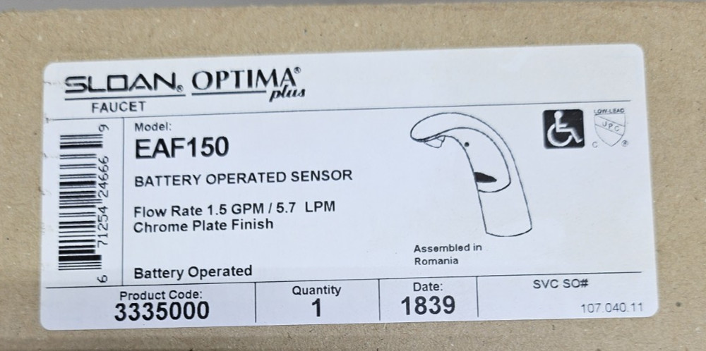 Sloan EAF150 Battery Opperated Sensor Flow Rate 1.5Gpm Chrome Finish