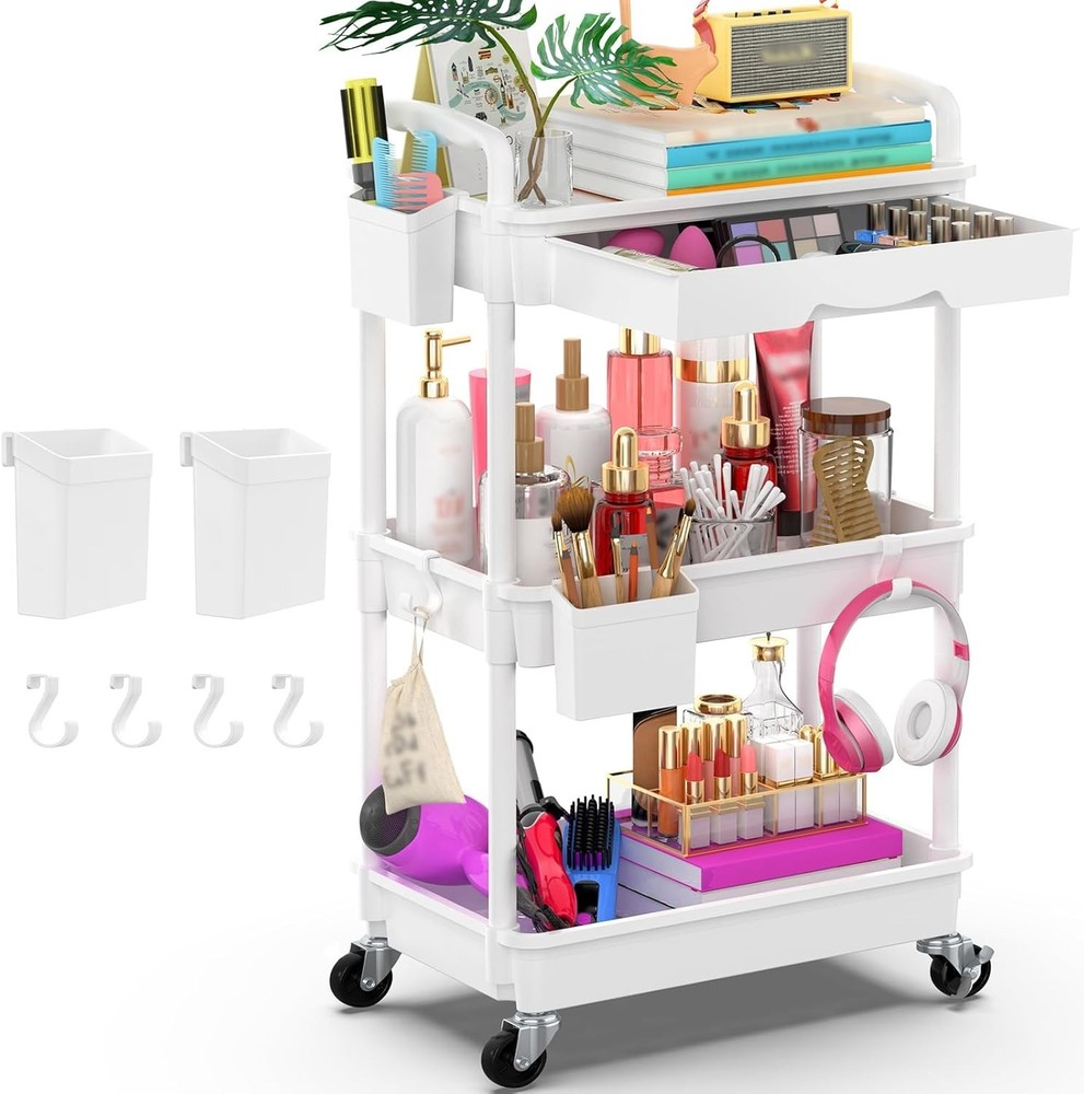 Maximize Storage: 3-Tier Rolling Organizer Cart with Dustproof Drawer & Wheels