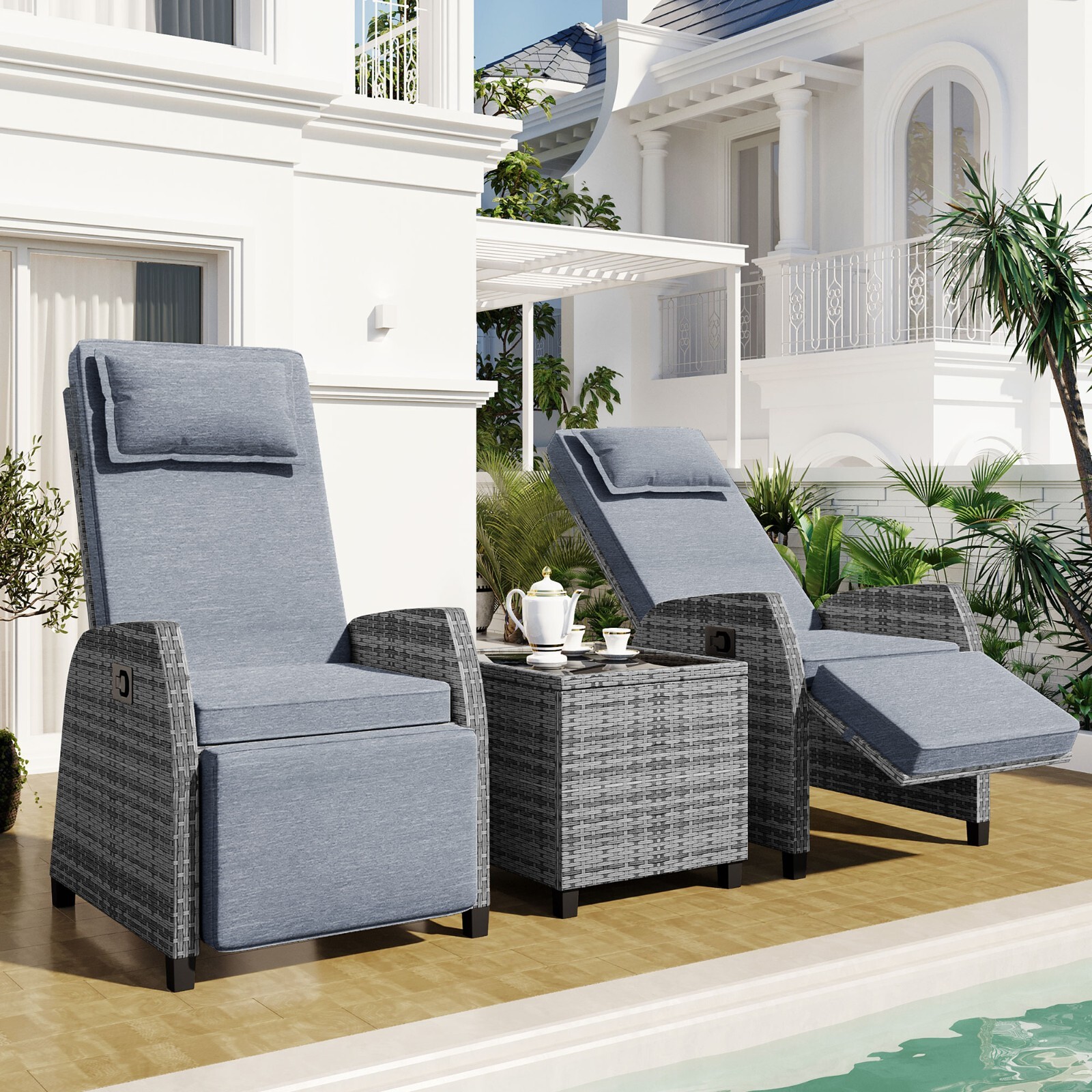 Patio Recliner Chair Conversation Set Rattan Wicker Outdoor Furniture Table Gray