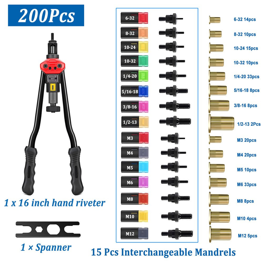 16'' Rivet Gun Kit Rivnut Thread Setting Tool Nut Setter NutSert Metric 200PCS