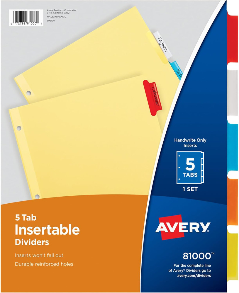 Insertable Dividers for 3 Ring Binders, 5-Tab Set, Buff Paper, Multicolor Divide