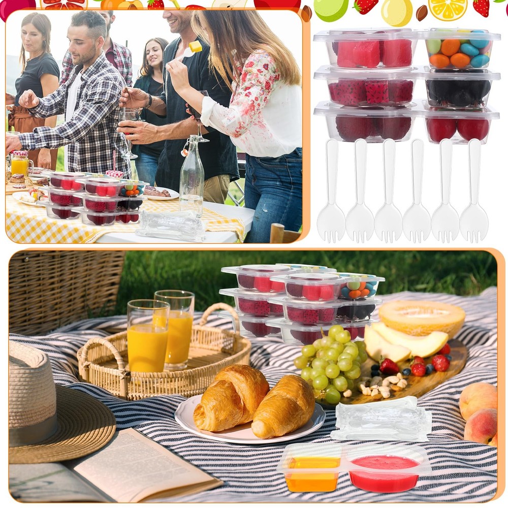 80 Set Double Compartment Snack Containers with Lids & Spoons Packed Individu...