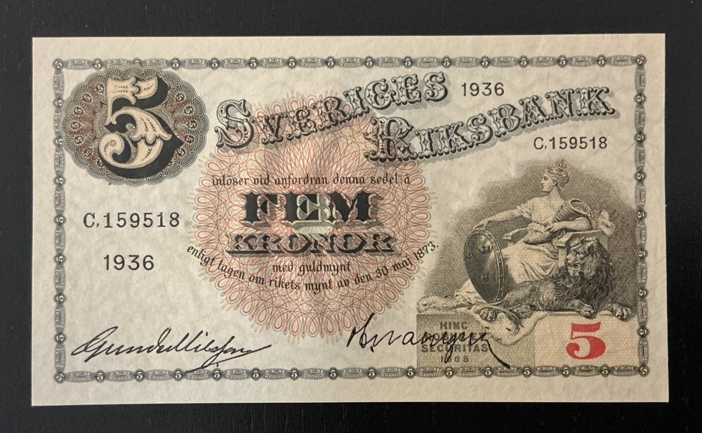 Sweden 5 kronor 1936 UNC P-33s