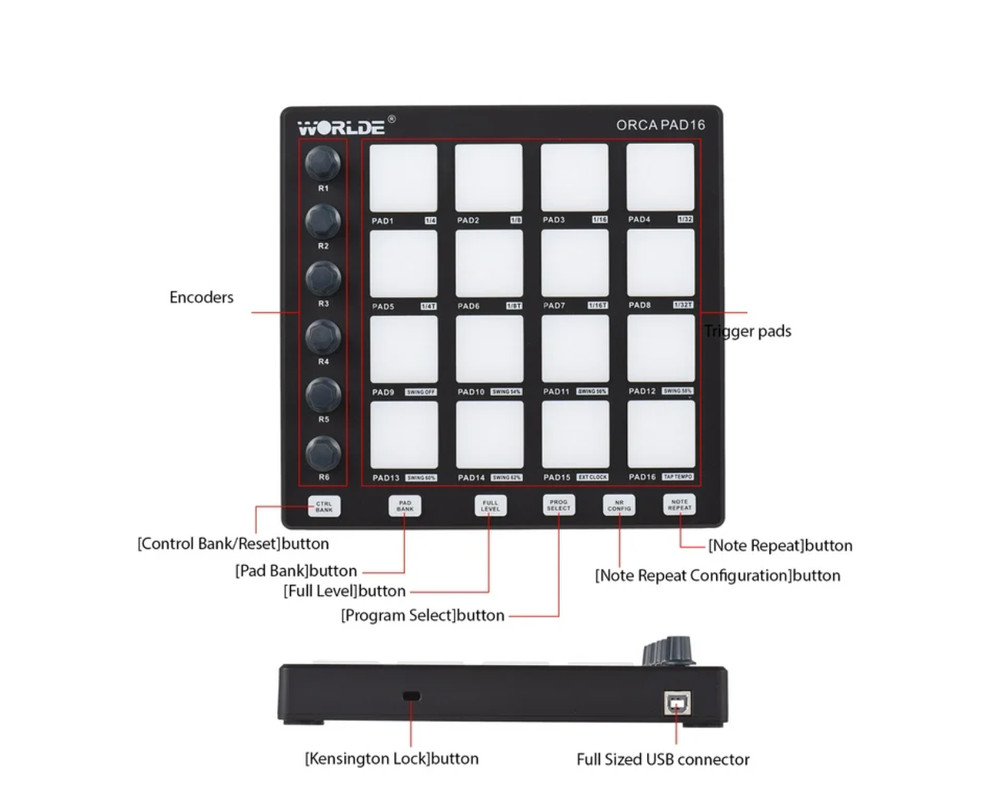 WORLDE MIDI Pad Beat Maker, USB MIDI Keyboard Controller With 16 Drum Pads for B