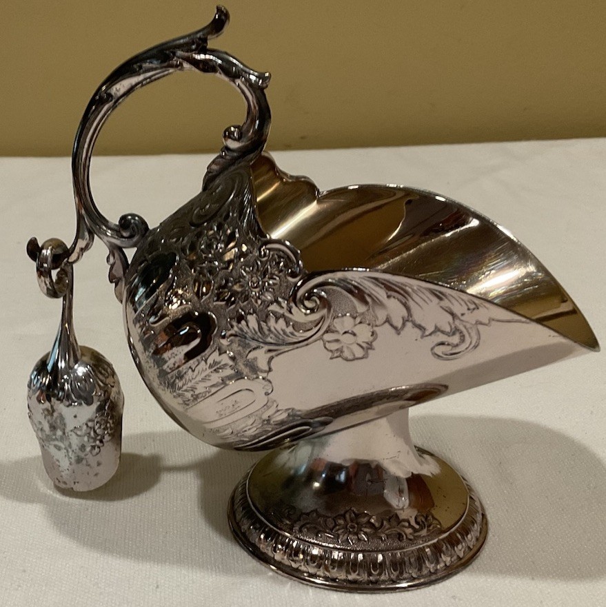 Vintage Pedestal Silver Plated (?) Gravy Boat Sauce with Hanging Mini Scoop