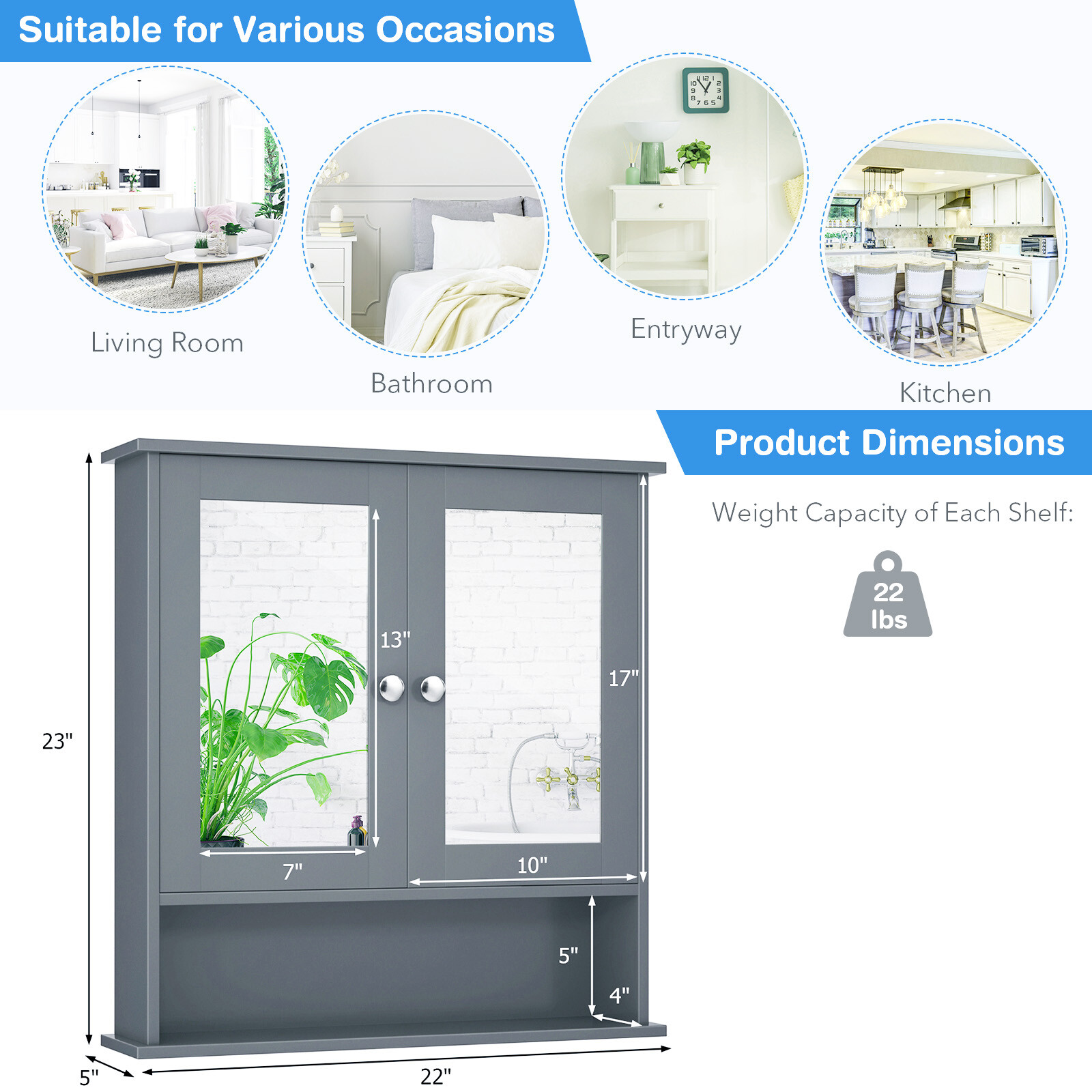 Costway Wall Mount Mirror Cabinet Bathroom Medicine Cabinet Organizer Grey