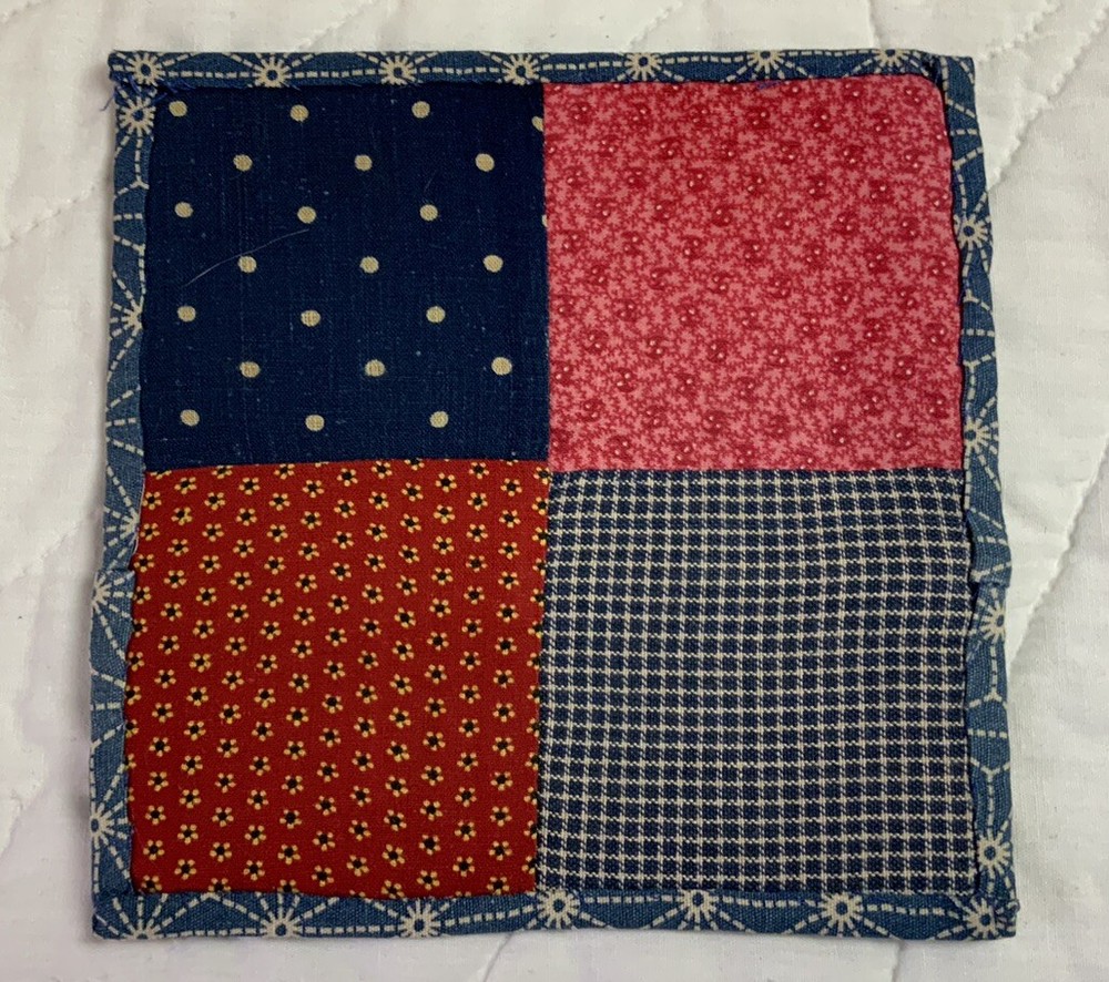 Antique Vintage Patchwork Small Quilt Table Topper, Four Patch, Early Calicos