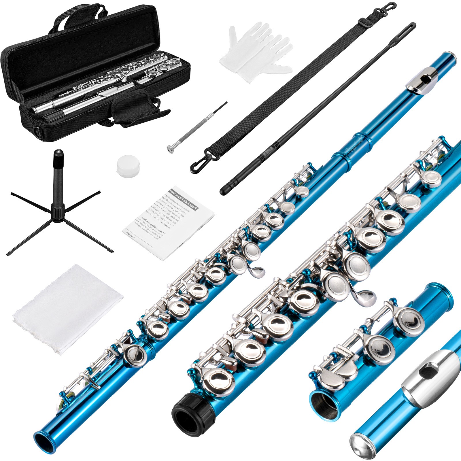 PogoLab CONCERT FLUTE | BLUE SCHOOL BAND WITH STAND HARD CASE & ACCESSORIES