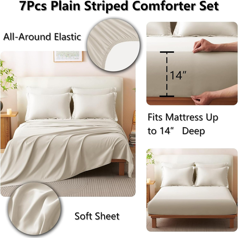 Queen Size Comforter Sets - 7 Piece Bed in a Bag Beige Comforter Set with Sheets