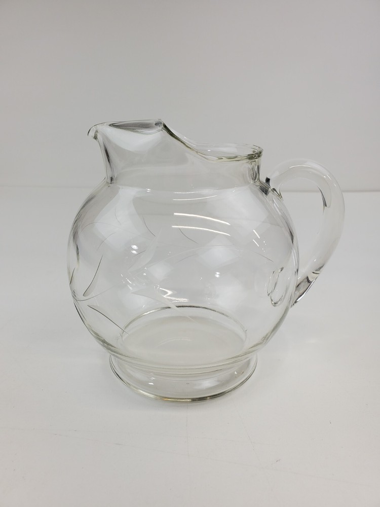 Small Etched Vine Clear Glass Squat Pitcher 5.5"