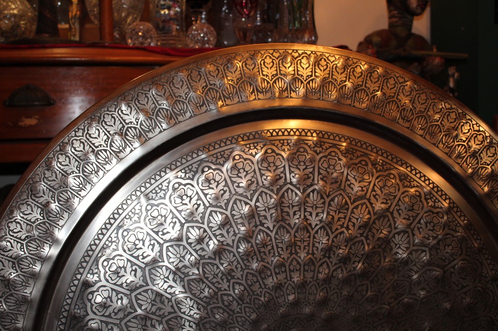 HUGE Arabic Middle Eastern Silver Metal Circular Table Top Wall Decor Engraved