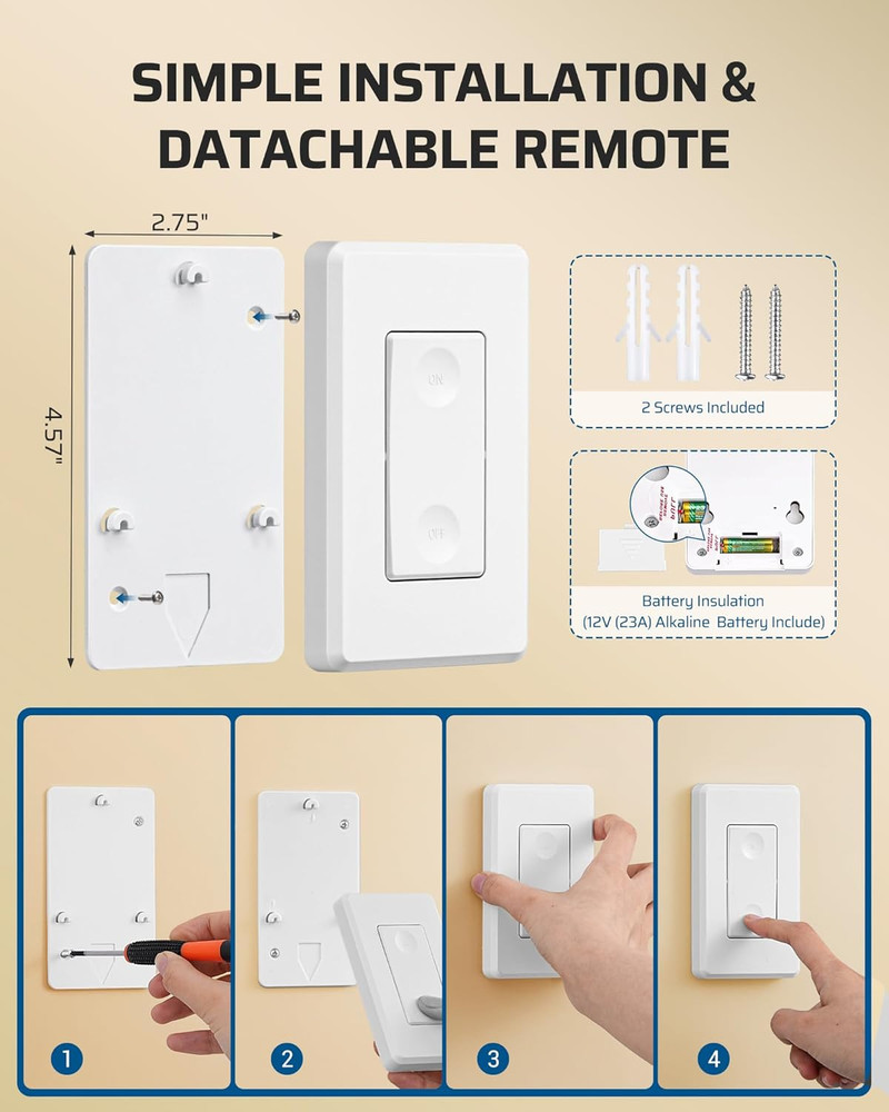 Wireless Light Switch, No Wiring, Programmed and Expandable, 100 Ft