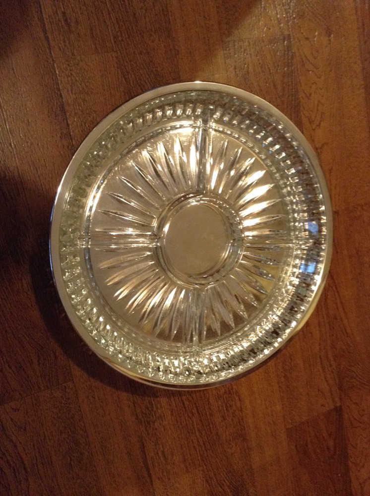 12" Round  4 section glass insert raised edge silverplate serving tray