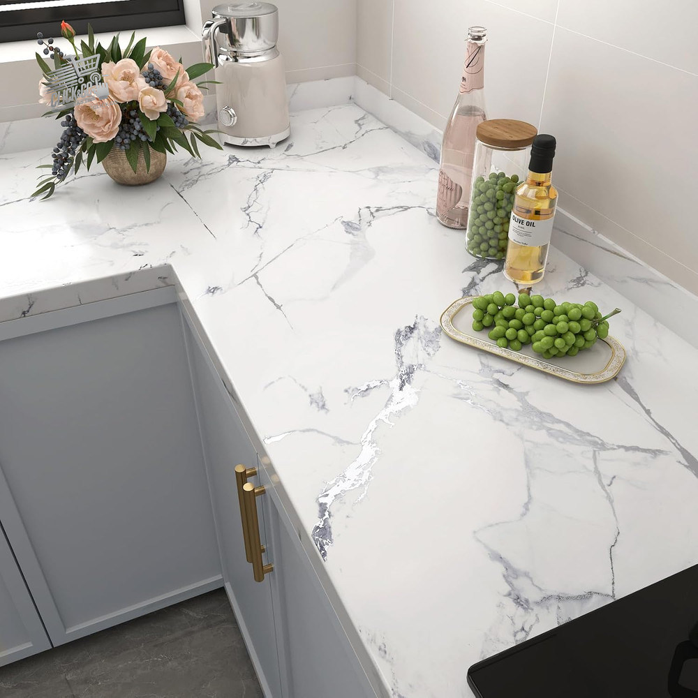 White Silver Marble Effect Self Adhesive Wallpaper L Top Coating