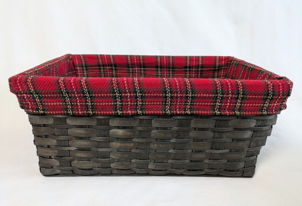 Split Reed Wicker Rectangle Nesting Baskets Holiday Plaid Fabric Lined Set Of 2