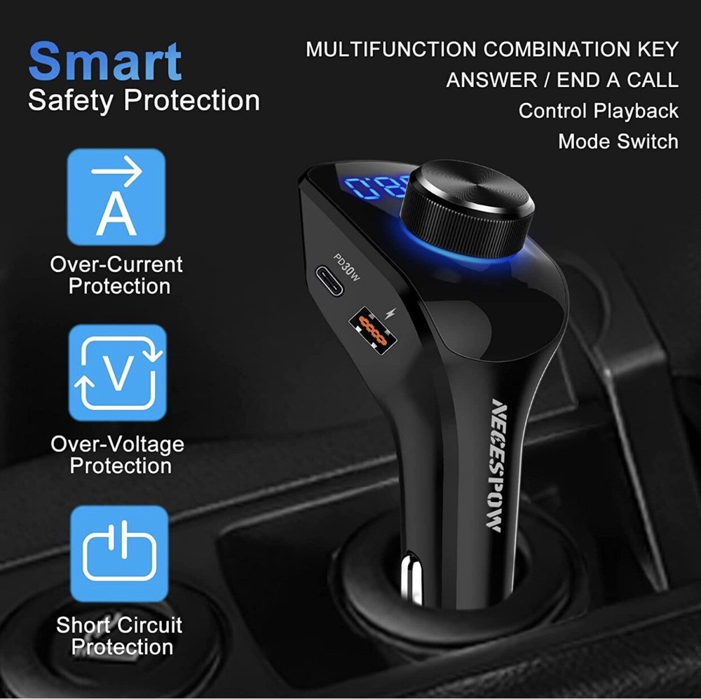 Bluetooth 5.0 Car Wireless FM Transmitter Adapter 2 USB PD Charger AUX