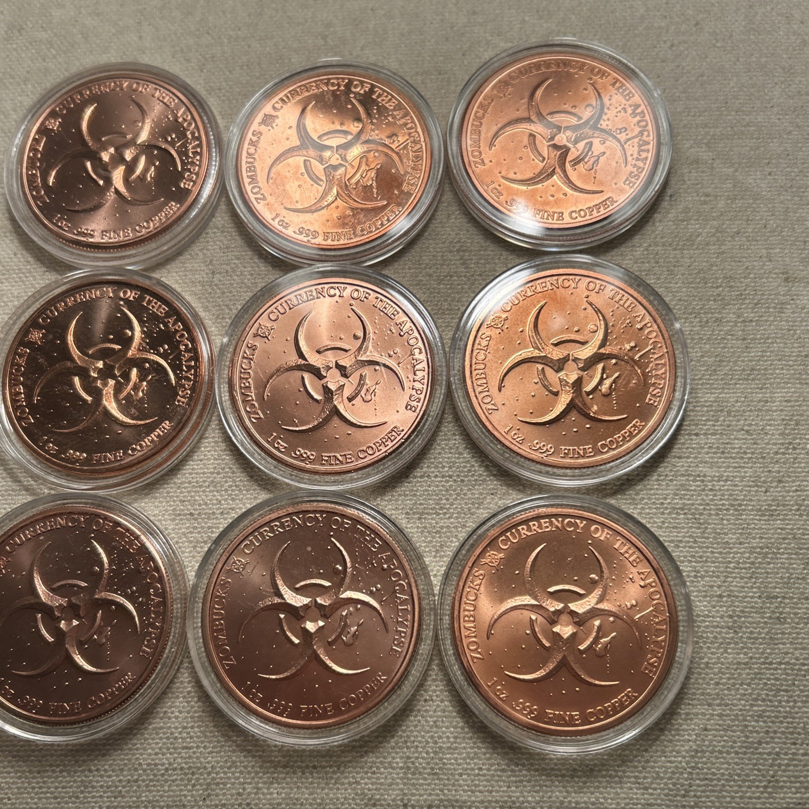 Set Of 9 Zombucks 1 oz Copper Rounds