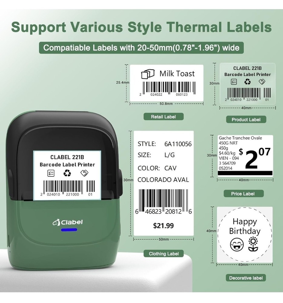 CLABEL Thermal Label Maker Machine: 2 Inch Portable Bluetooth Label Printer 221B