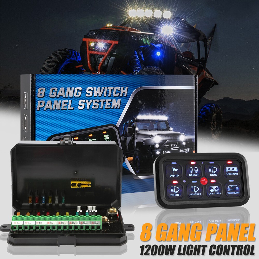 UTV 8 Gang 1200W LED Work Lights Relay Control Switch Panel Toggle Blue Backlit