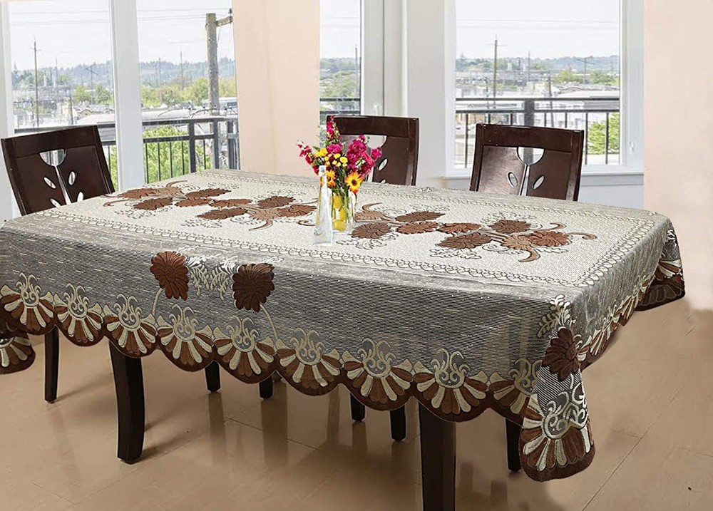 Floral Cotton 6 Seater Dining Table Cover Brown