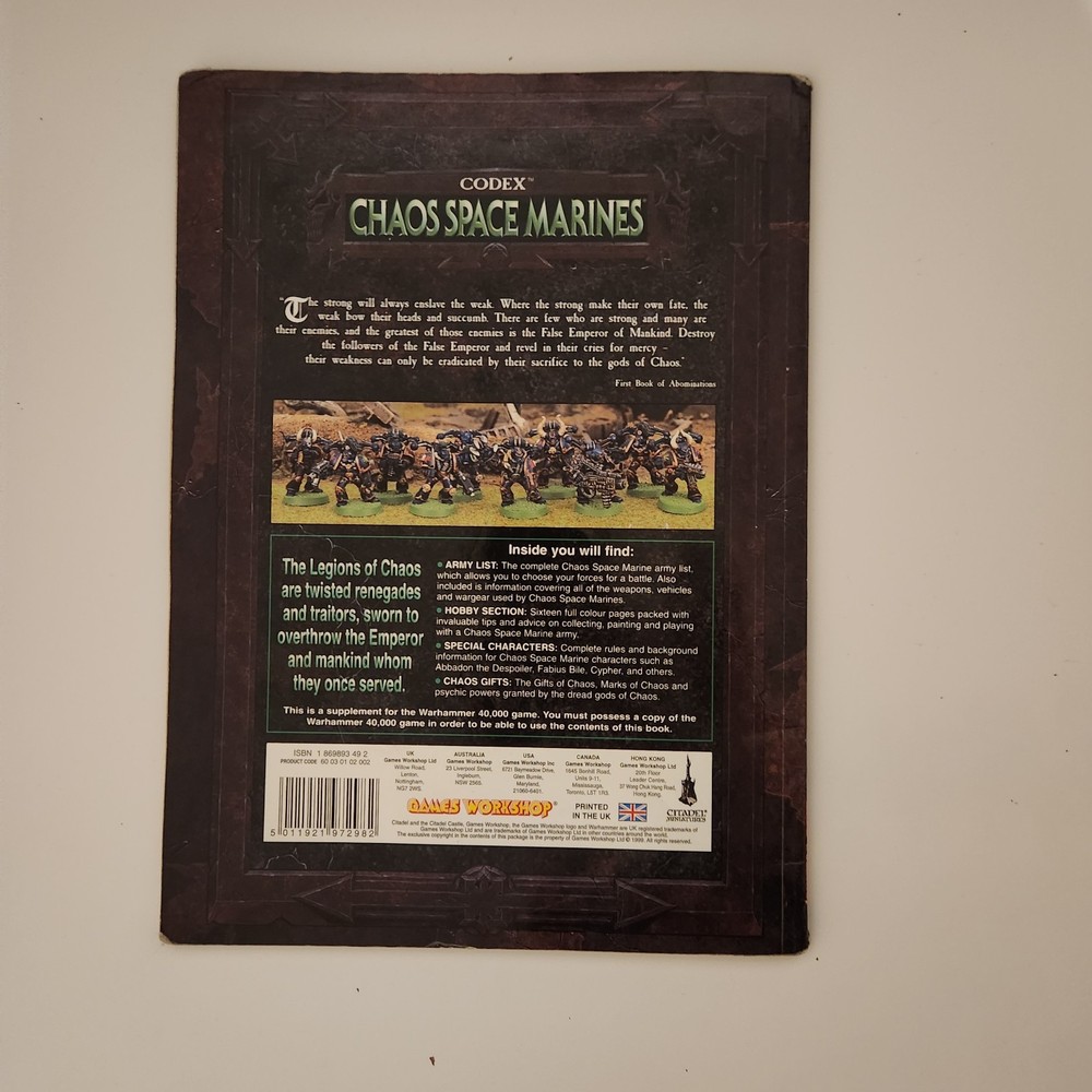 Games Workshop Warhammer 40k Chaos Space Marines Codex Supplement 1999 3rd Ed