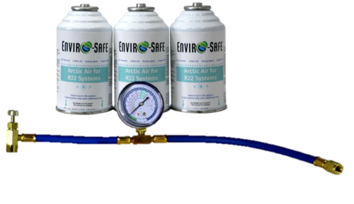 Envirosafe Arctic Air for R22, AC Refrigerant Support, (3) cans and gauge