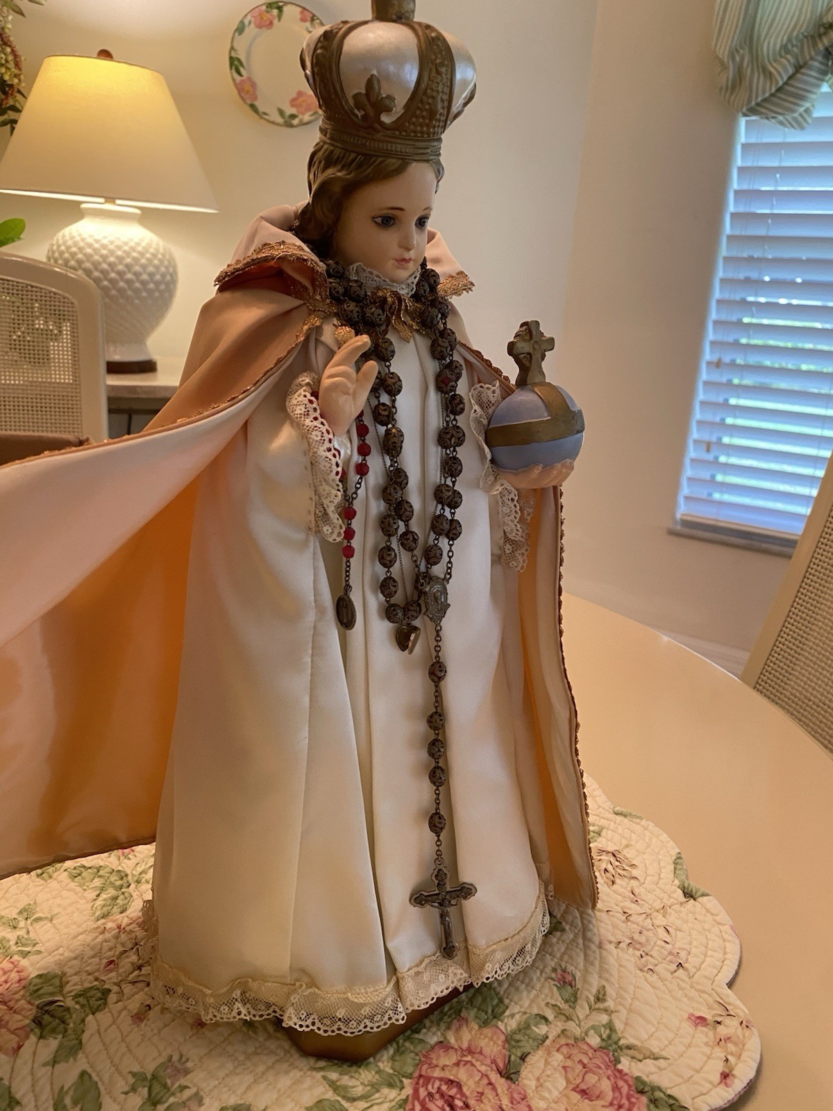 Vintage Infant Of Prague Plaster Statue With Rosary 18' Tall