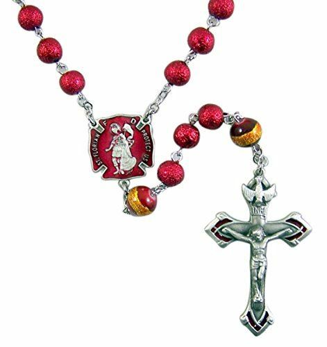Saint Florian Red Lava Prayer Bead Firefighter Rosary with Pewter Crucifix, 13 1