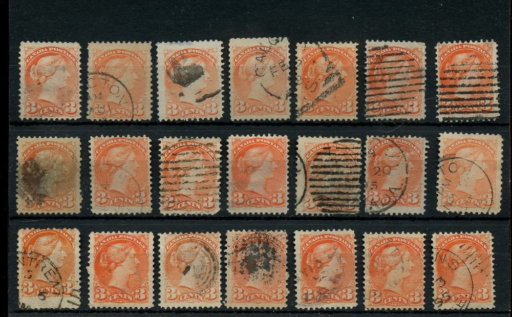 SMALL QUEEN 3 cent Various cancels, corks, used lot CAnada