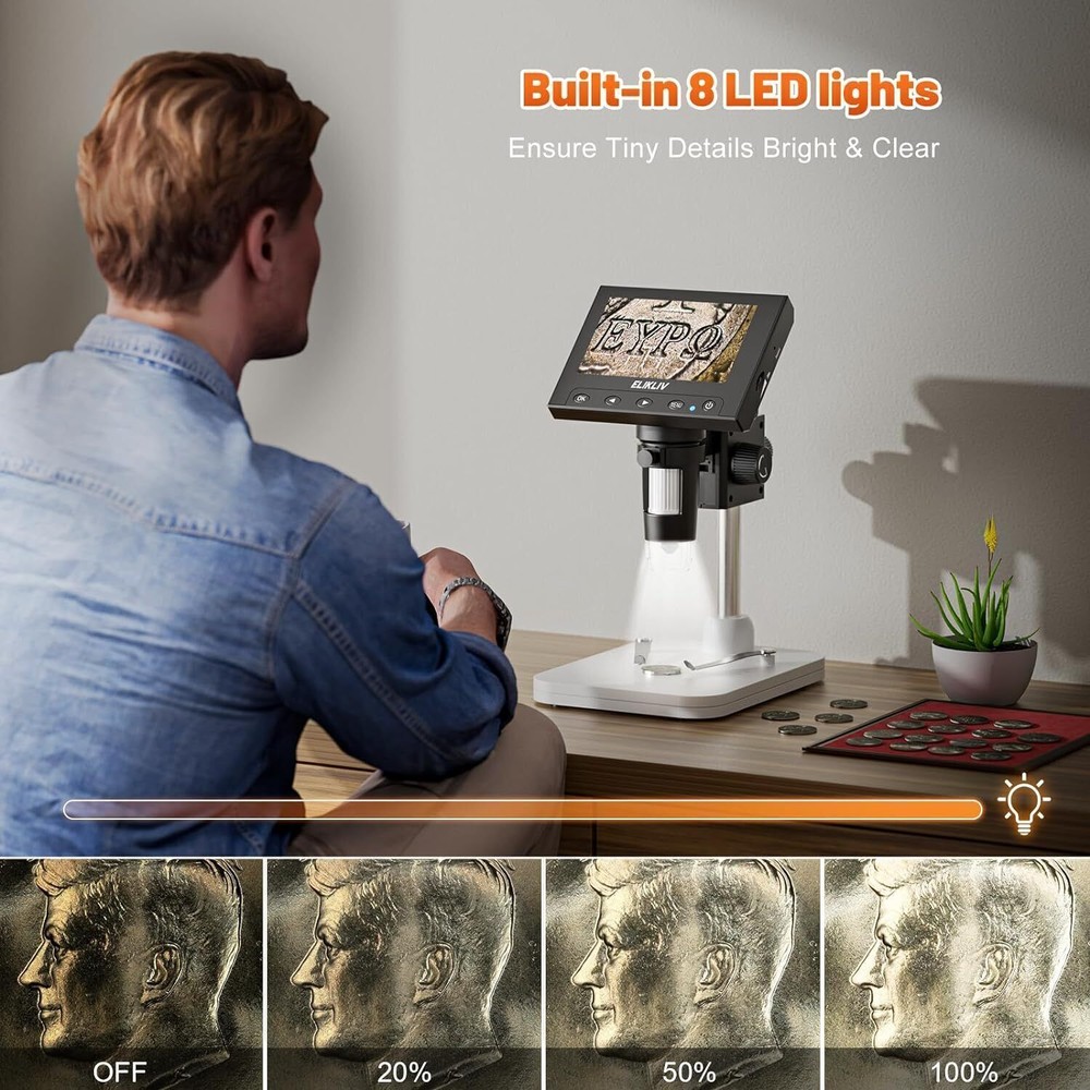 LCD Digital Coin Microscope 1000x Coin Magnifier with 8 Adjustable LED Lights