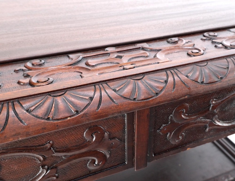 Jacobean Finely Carved Massive Solid Mahogany Partners Desk