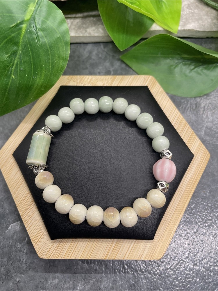 Handmade Ceramic Bead Beaded Stackable 7” Plus Stretch Bracelet New B314