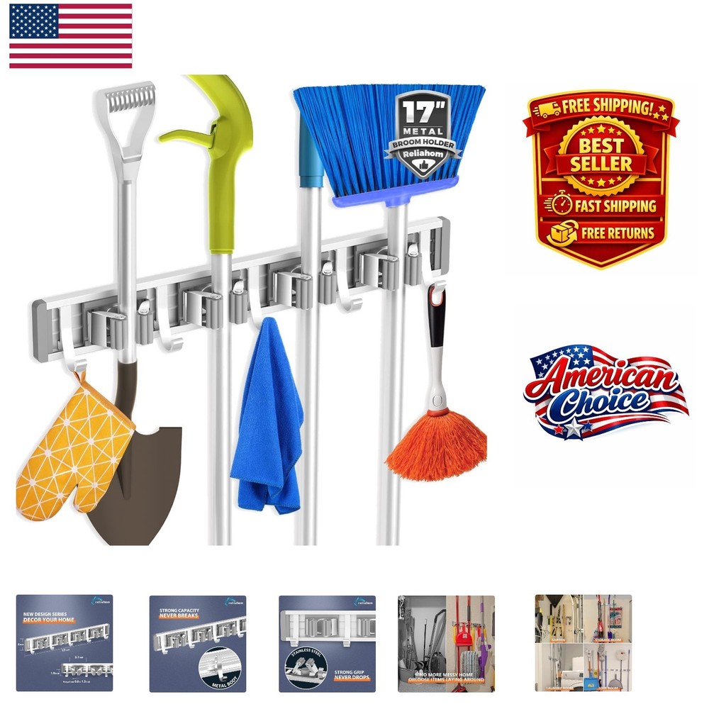 Effortless One-Hand Lock Broom Holder - Wall Mount Storage Solution in Silver