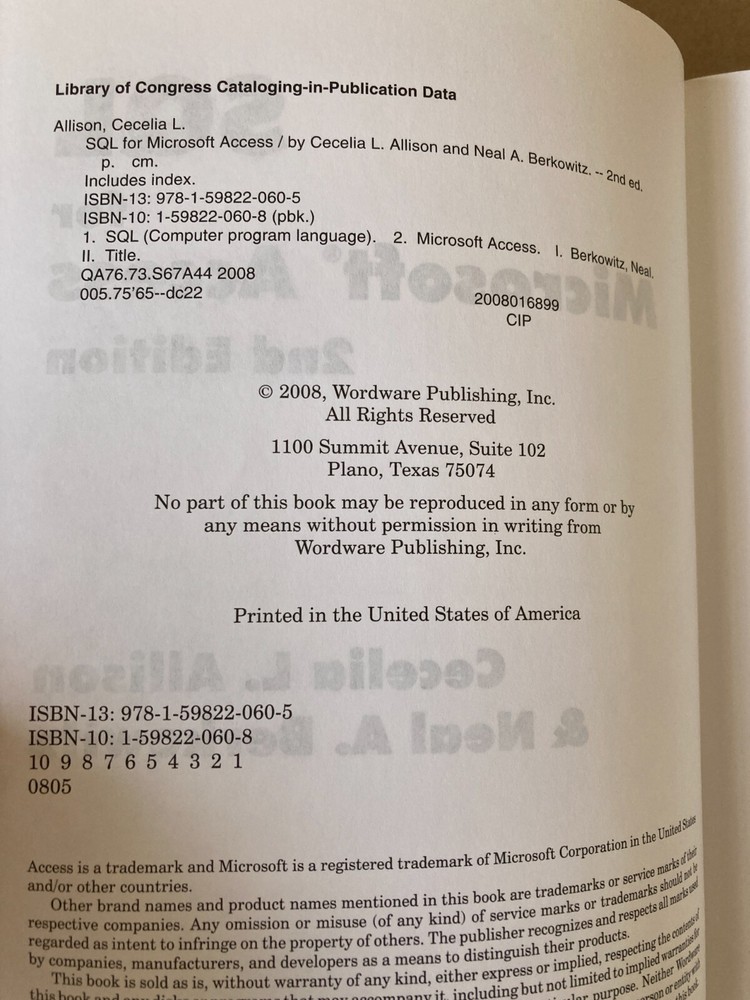 SQL for Microsoft Access 2nd Edition Paperback, by Allison Cecelia L.