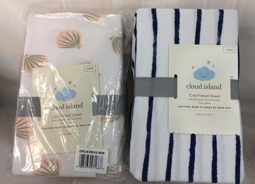 Cloud Island Crib Fitted Sheets Seashells + Navy Blue Vertical Striped x4