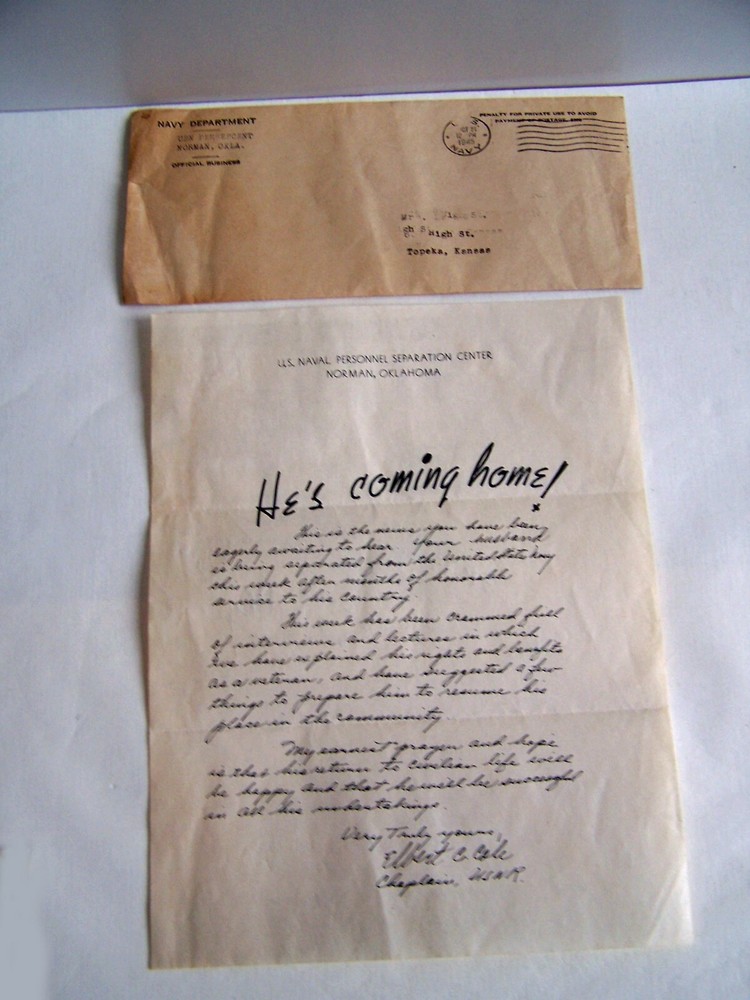 WW2 U.S.Naval Separation Dept."He's coming home" Letter and Postmarked Envelope