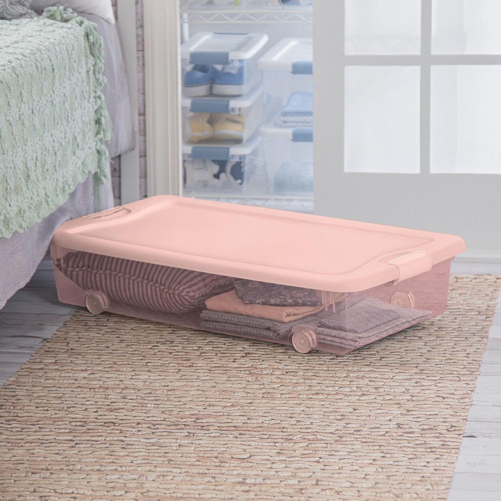 Sterilite 56 Qt Wheeled Under Bed Storage Container Plastic Bin, Blush, 4 Pack