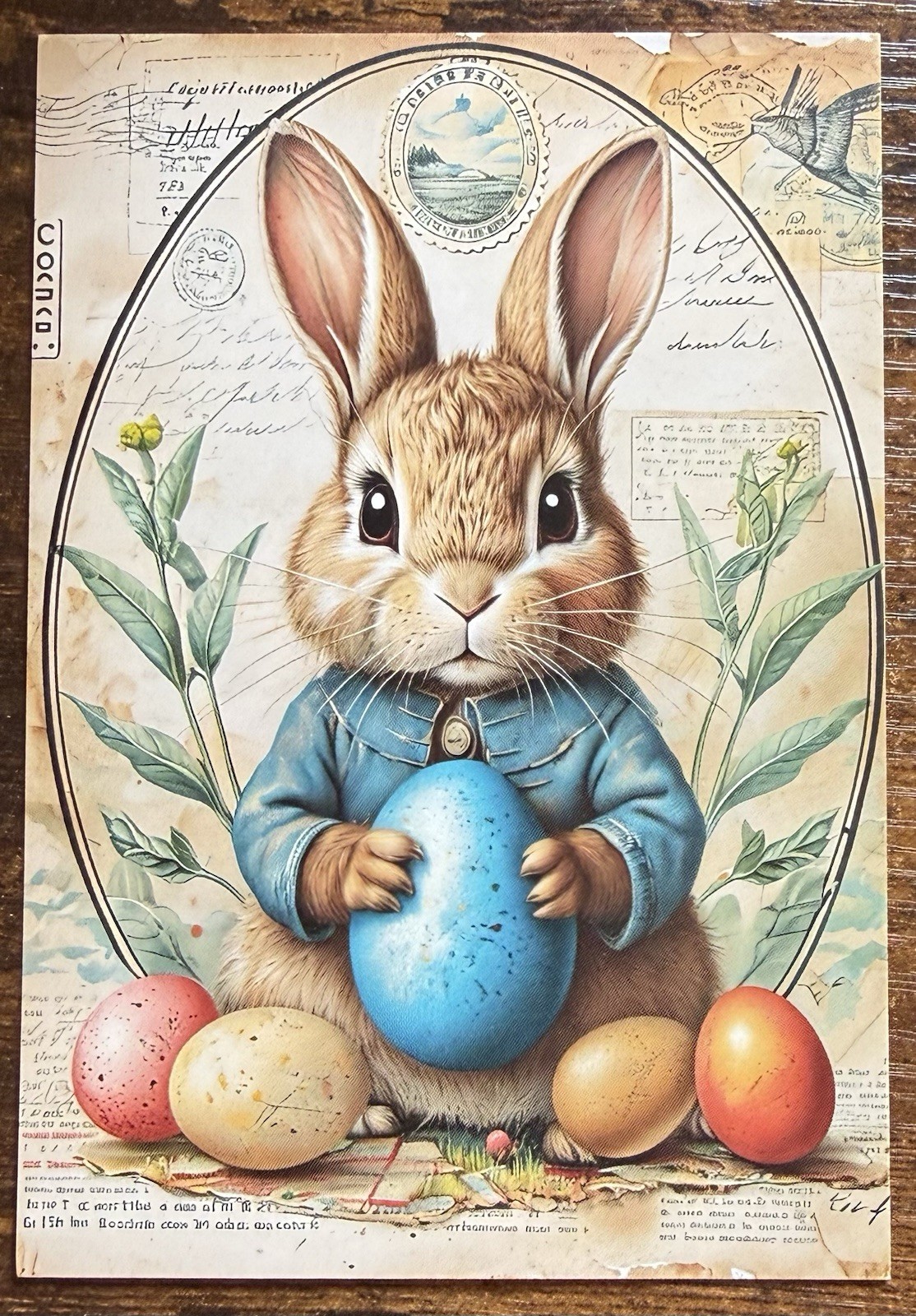Easter Bunny Blue Coat Decorated Eggs Vintage Look Postcard Pc484 Ephemera