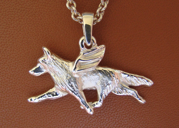 Large Sterling Silver German Shepherd Dog Angel Pendant