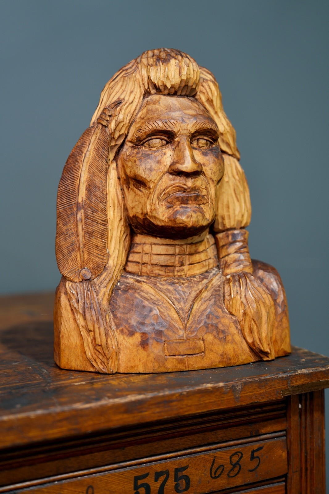Vintage Cigar Store Indian Countertop Display Wood Bust Head Statue