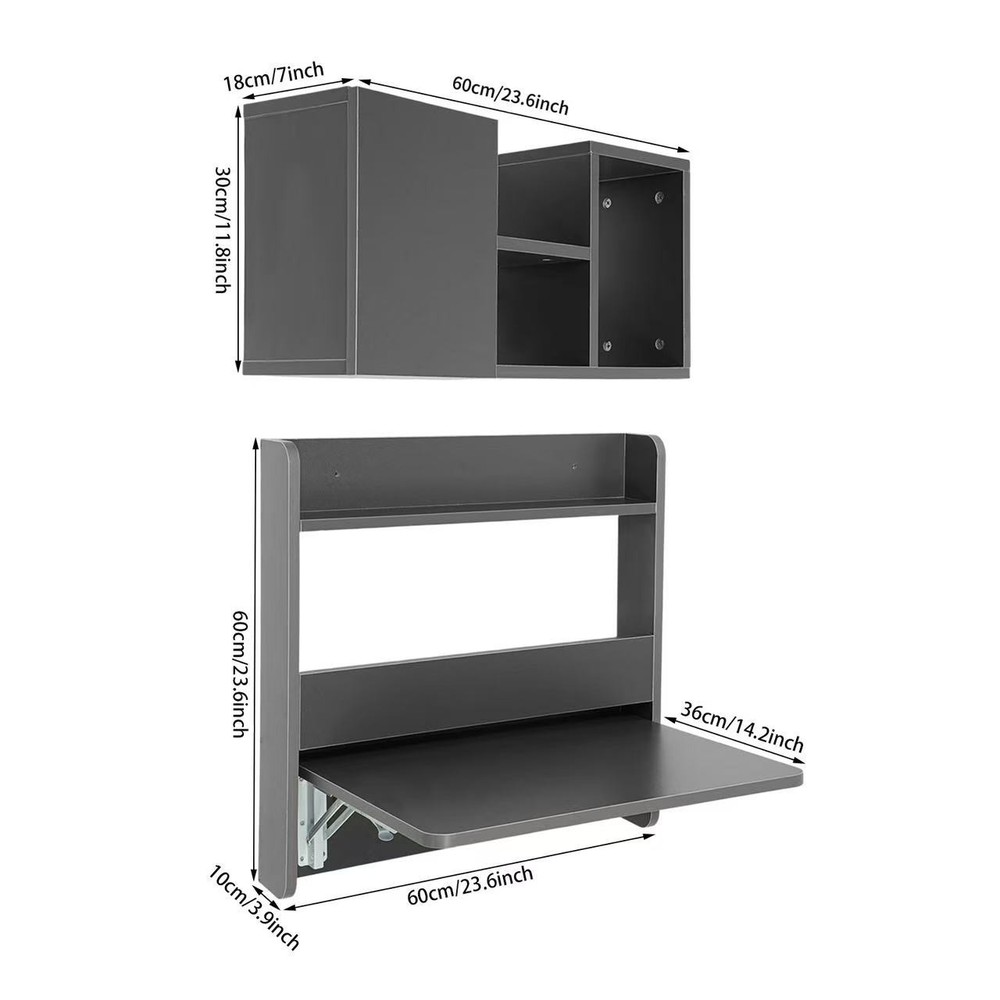 Wall Mounted Bookshelf Folding Space Saving Wall Mounted Table Laptop Desk Grey