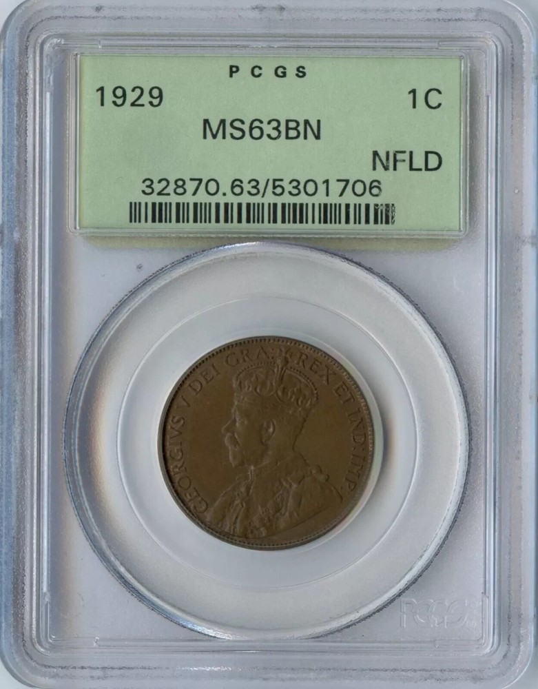 1929 Newfoundland One Cent - PCGS MS63 Brown
