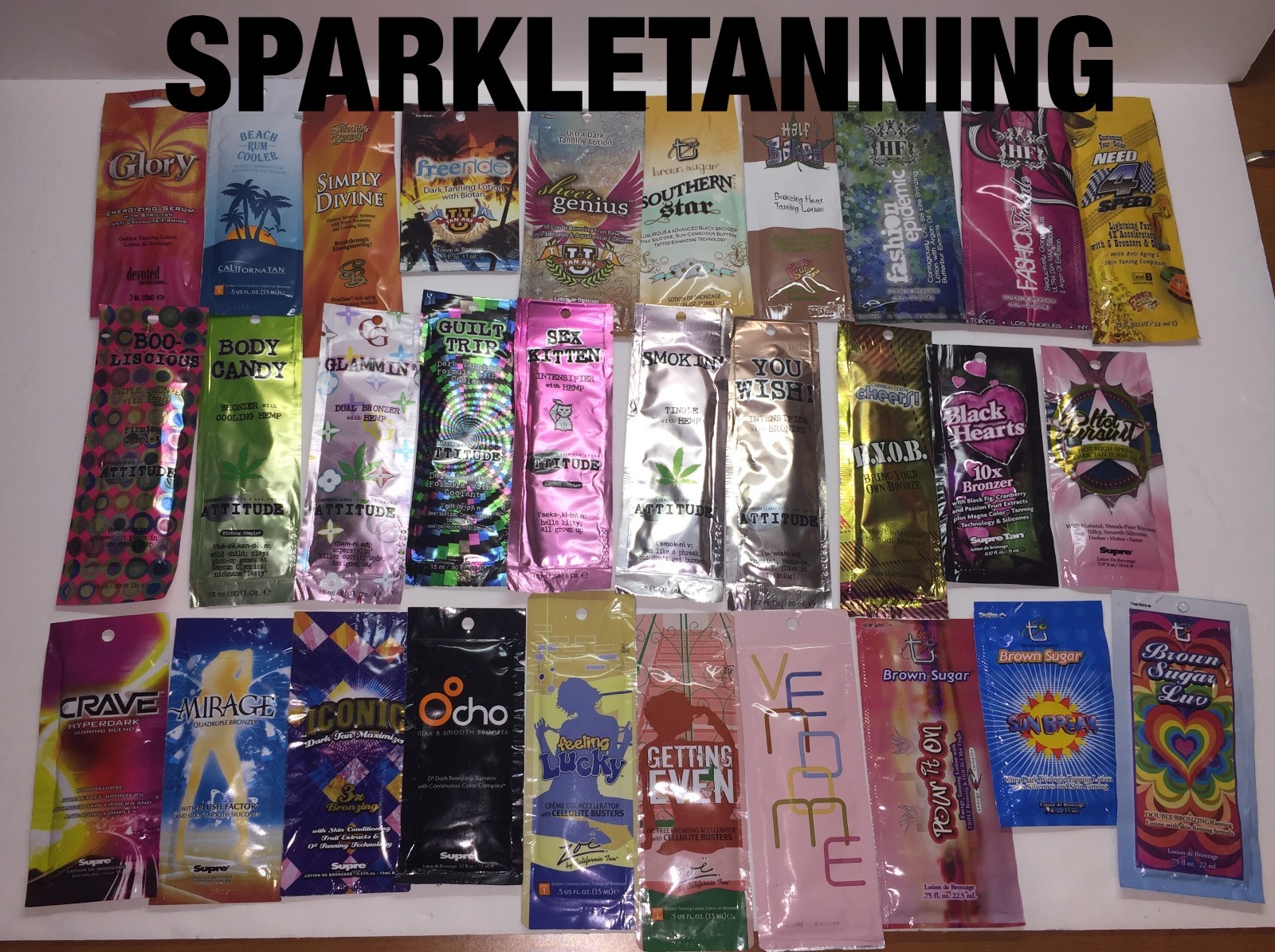 30 Different Sample Packets Indoor Tan Tanning Bed Lotion LOT A GREAT DEAL!!