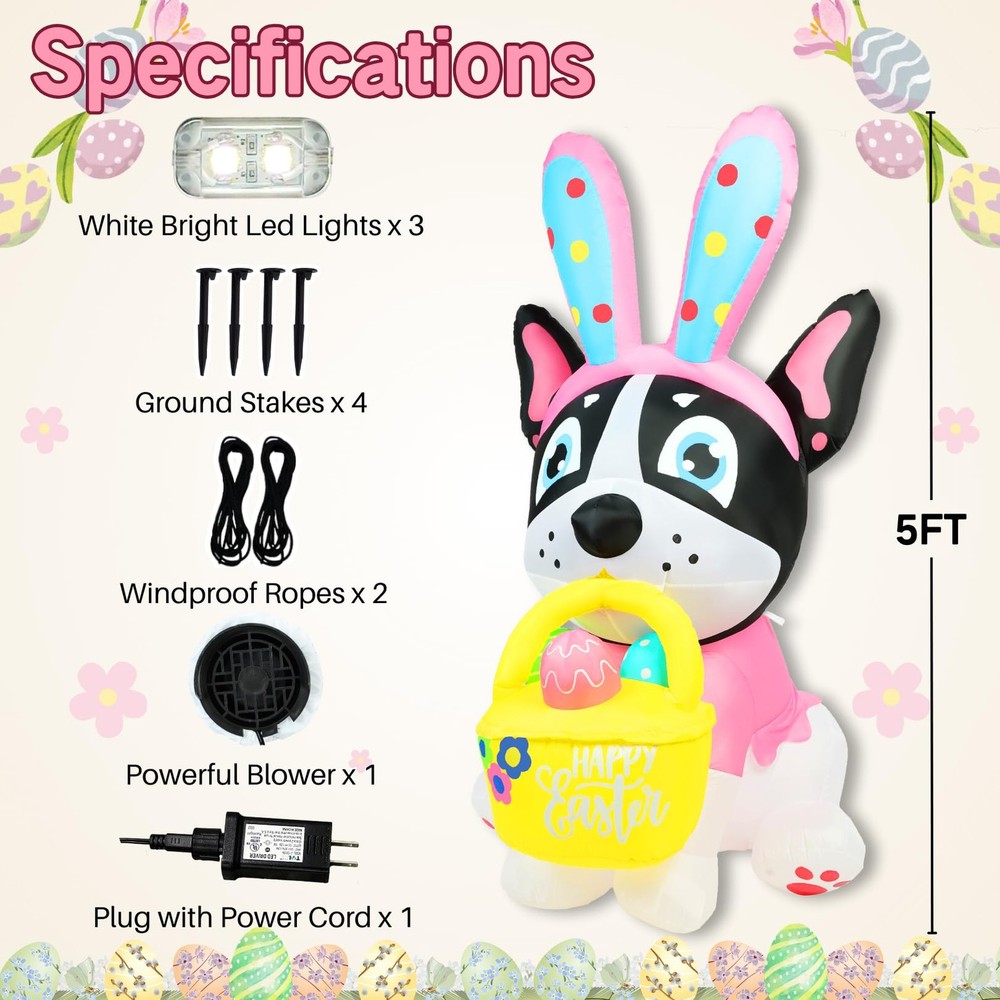 5FT Easter Inflatable French Bulldog with Egg Basket Yard Multicolor