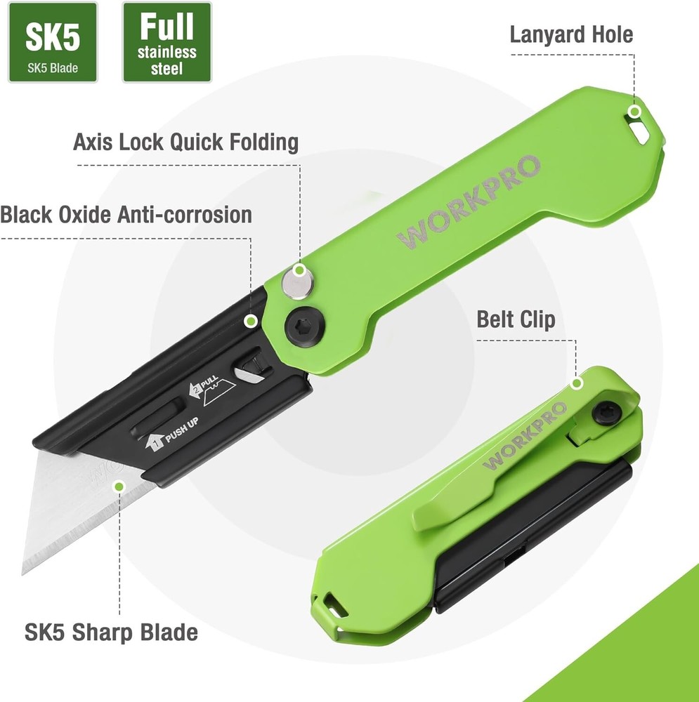WORKPRO Folding Utility Knife 3-Pack Set Box Cutter with Quick Change Blade NEW