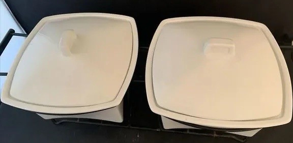 White Square Ceramic Chafing Dish Set, 2 Compartments, Metal Stand, Lids