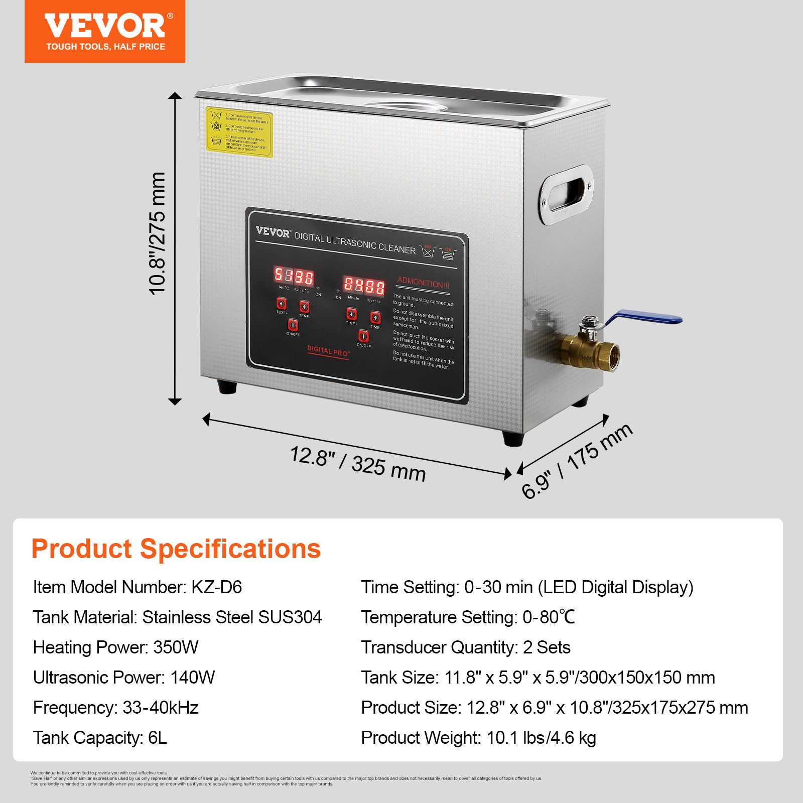 VEVOR 6L Ultrasonic Cleaner with Timer Heating Machine Digital Sonic Cleaner