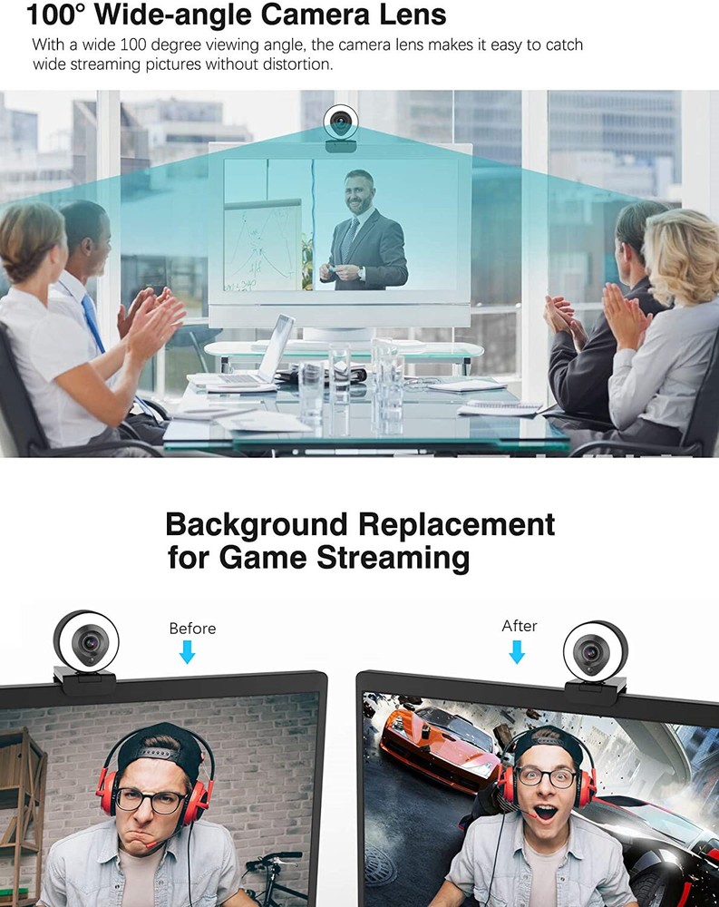 Webcam Streaming 1080P Full HD with Dual Microphone and Ring Light, USB Stream